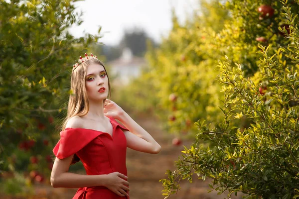 Ragazza Abito Rosso Melograno Fioritura Israele Tramonto Rosh Hashanah — Foto Stock