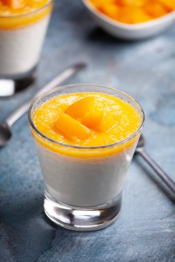 Bir bardak ev yapımı panna cotta ve mango sosu.