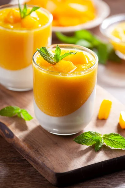 Copa Panna Cotta Casera Con Salsa Mango —  Fotos de Stock