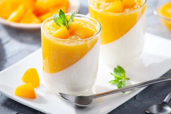 Copa Panna Cotta Casera Con Salsa Mango —  Fotos de Stock