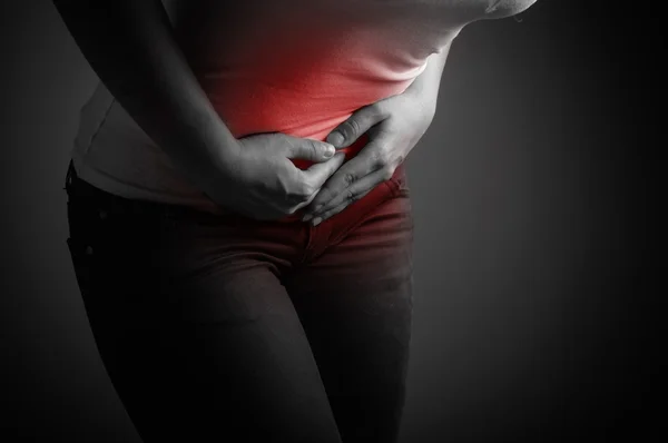 Lady abdominal pain. Black and white — Stock Photo, Image