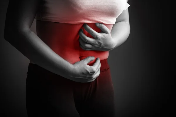 Lady abdominal pain. Black and white — Stock Photo, Image