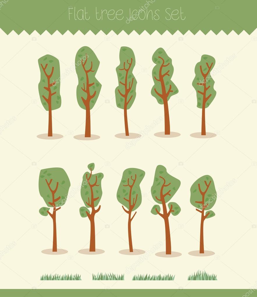 Set of cartoon hand-drawn trees and grass elements