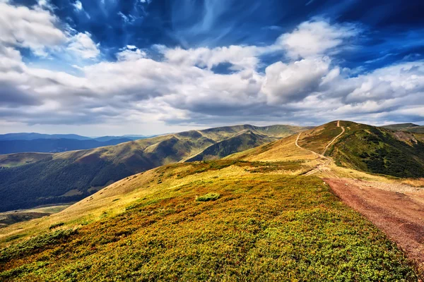 Landschaft Berge und Feld von grünem frischem Gras unter blauem Himmel — Stockfoto