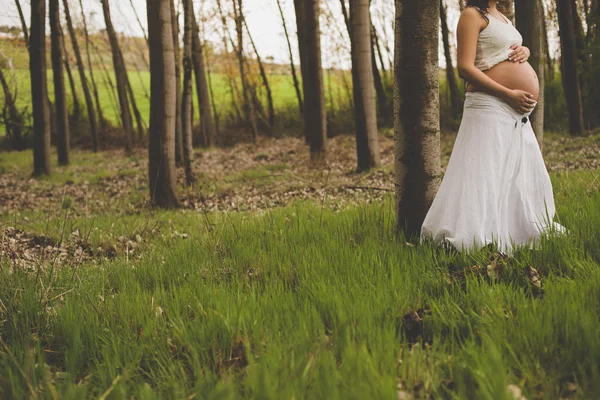 Topless zwangere vrouw omarmen haar buik — Stockfoto