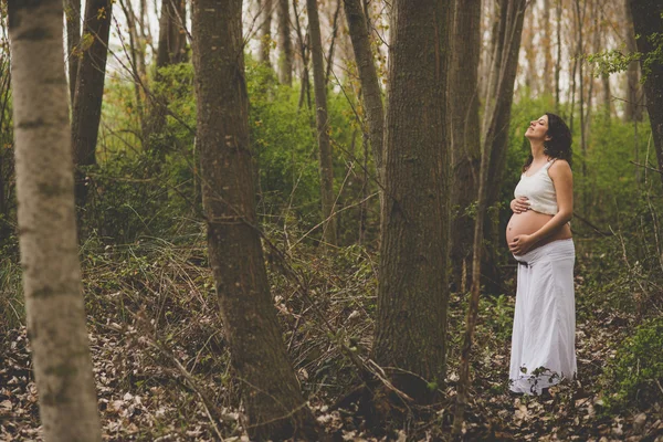 Беременная женщина в лесу — стоковое фото