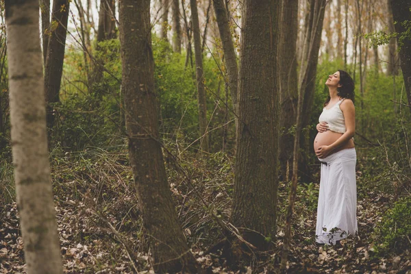 Těhotná žena v lese — Stock fotografie