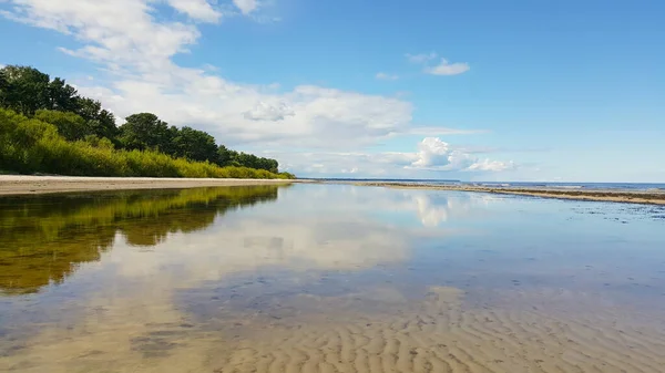 Acalme Mar Dia Ensolarado Verão Céu Nublado Azul Reflexo Árvore — Fotografia de Stock