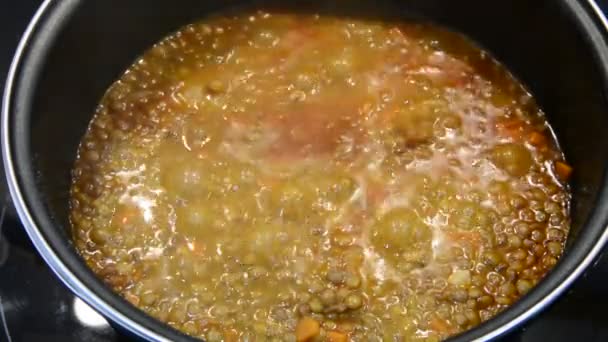 Cooking lentils into the pot. — Stock Video