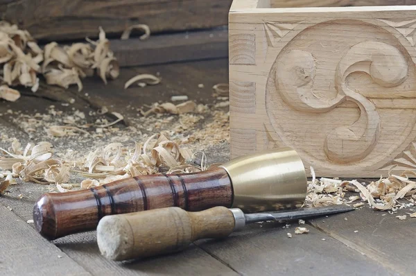 Beautifully decorated wooden box and instruments — Stock Photo, Image