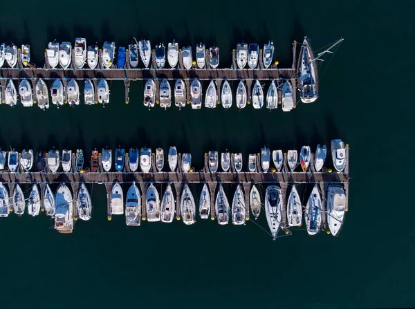 Panoramic Aerial View Boats Moored Pier Drone Shot Directly Luanco — Stock Photo, Image