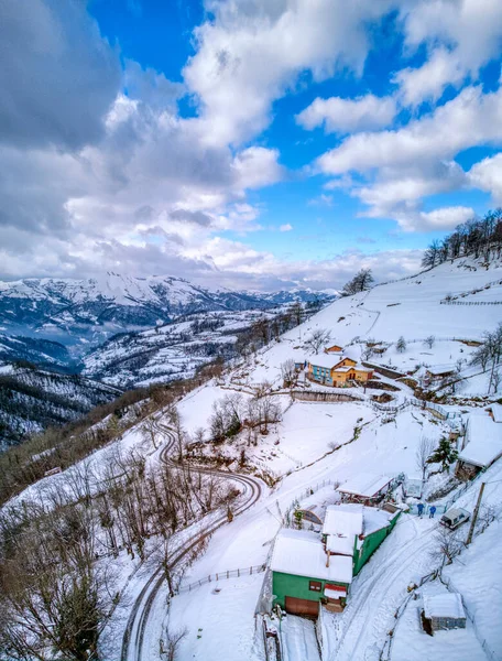 Aerial View Winding Road Snowy Landscape Asturias Mountains Spain Winter — Stock Photo, Image