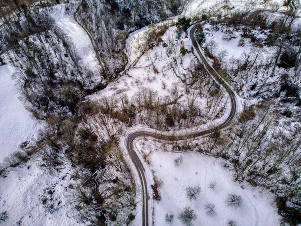 Aerial View Winding Road Snowy Landscape Asturias Mountains Spain Winter — Stock Photo, Image