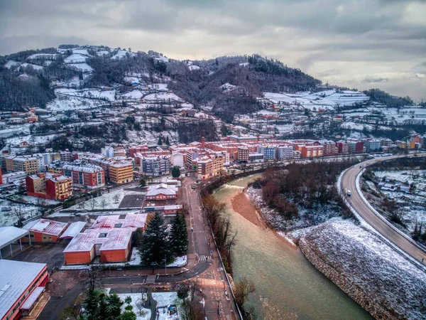 Aerial View Asturian Town Blimea Snowfall Spain — Stock Photo, Image