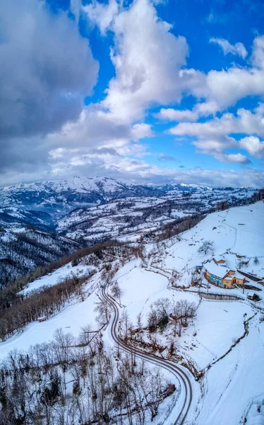Aerial View Winding Road Snowy Landscape Asturias Mountains Spain Winter — Stock Photo, Image