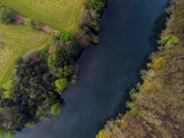 İspanya 'nın Asturias kentindeki Navia Nehri ve çayır manzarası