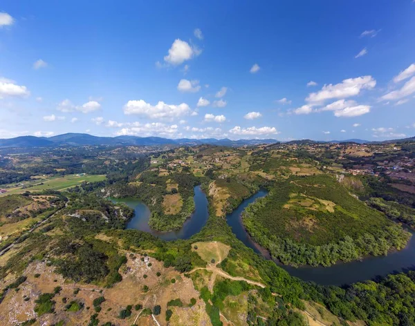 Luftaufnahme Der Mäander Des Flusses Nora Asturien Spanien — Stockfoto