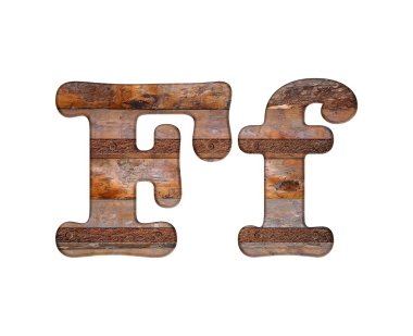 F harfi ahşap ve paslı metal.