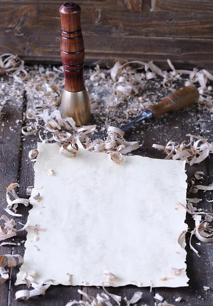 Carpenter tools with blank parchment. — Stock Photo, Image