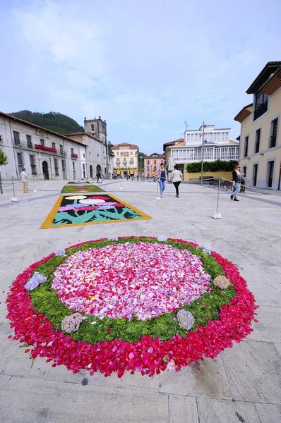 Vesnice Pravia v Asturii květinové koberce se celebra — Stock fotografie