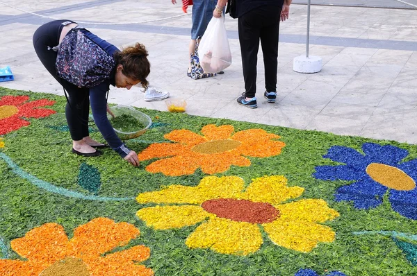Byn Pravia i Asturien med blommig mattor till celebra Stockbild