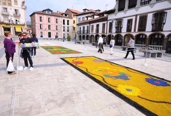 Il villaggio di Pravia nelle Asturie con tappeti floreali a celebrra Immagine Stock