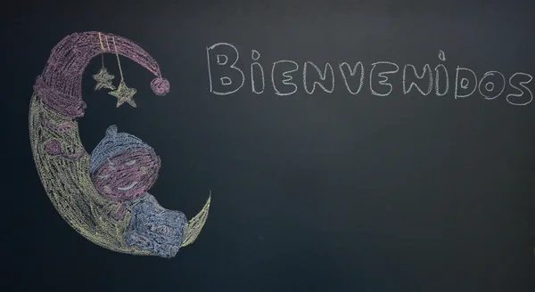 Bienvenidos a dziecko śpi na półksiężyca malowane na tablicy — Zdjęcie stockowe
