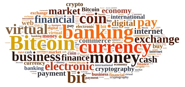 Chmura słowa odnoszące się do Bitcoin. — Zdjęcie stockowe