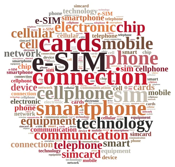 E-Sim kapcsolódó szó felhő. — Stock Fotó