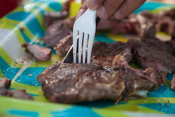 T-Bone Steak Being Cut — Stock Photo, Image