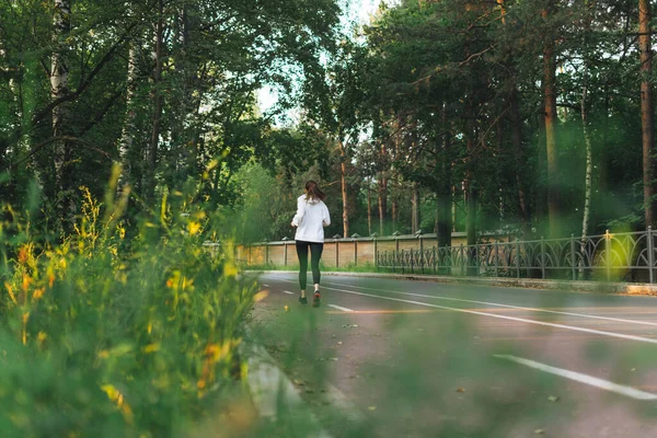 Young Slim Woman Brunette Sport Clothes Running Autumn Park Sunrise — Stock Photo, Image