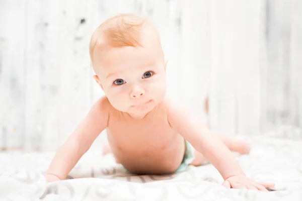 Baby boy trying to crawl on bright background. — Stock Photo, Image