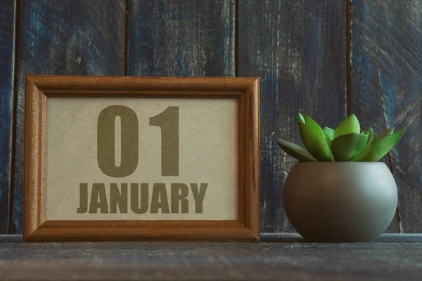 stock image january 1st. Day 1 of month,  date in frame next to succulent on wooden background winter month, day of the year concept.