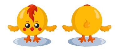 Yuvarlak vücutlu, gölgeli, önü ve arkası düz, sevimli kawaii piliç. İzole edilmiş hayvan vektör çizimi