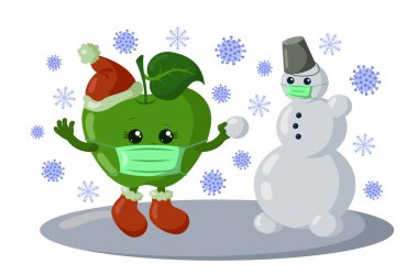 Kışlık ayakkabılı tatlı kawaii elması, sıcak şapka ve tıbbi koruyucu yüz maskesi kardan adam yapan kar taneleri ve virüslerle çevrili. Düz dizaynlı gölgeli renkli izole vektör çizimi