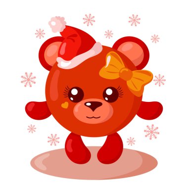 Noel şapkalı, yuvarlak vücutlu, gölgeli, düz dizayn edilmiş kar taneleriyle çevrili komik, sevimli kawai ayısı kız. İzole vektör illüstrasyonu