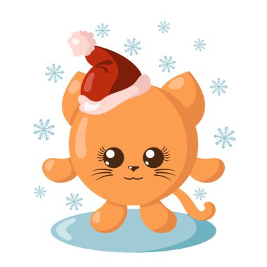Noel şapkalı, yuvarlak vücutlu komik bir kawai kedisi. Etrafı gölgeli, düz dizayn edilmiş kar taneleriyle çevrili. İzole edilmiş kış tatili vektör çizimi