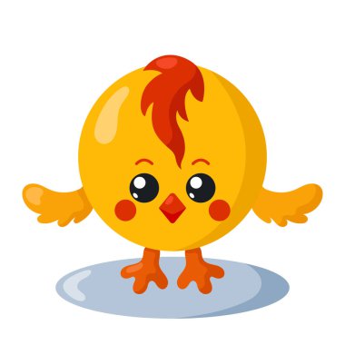 Düz dizaynlı gölgeli, yuvarlak vücutlu komik kawaii piliç. İzole vektör illüstrasyonu