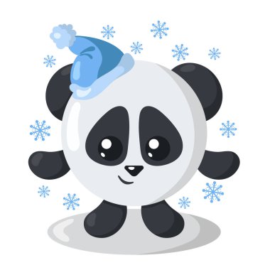 Noel şapkası ve yuvarlak vücutlu komik kawaii pandası gölgeli, düz dizayn edilmiş kar taneleriyle çevrili. İzole edilmiş kış tatili vektör çizimi