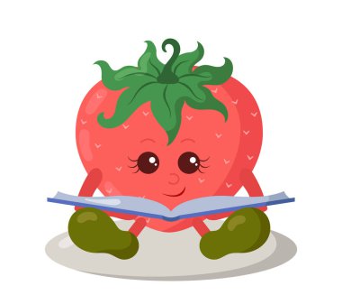 Şirin kawaii çilek okuma kitabı, gölgeli karalama tarzı. İzole edilmiş renkli komik meyve karikatürü vektör çizimi
