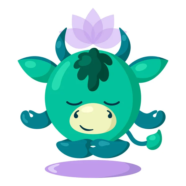 Drôle Mignon Kawaii Méditant Taureau Vache Avec Fleur Lotus Sur — Image vectorielle