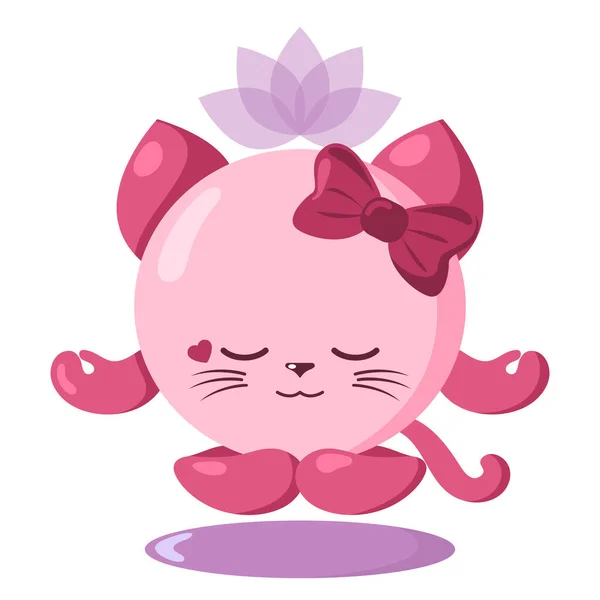 Divertido Lindo Kawaii Meditando Gato Con Flor Loto Sobre Cabeza — Vector de stock