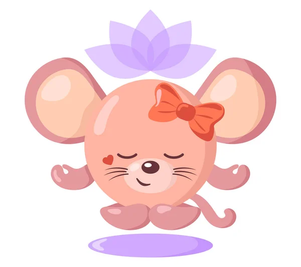 Ratón Meditación Kawaii Lindo Divertido Con Flor Loto Sobre Cabeza — Vector de stock