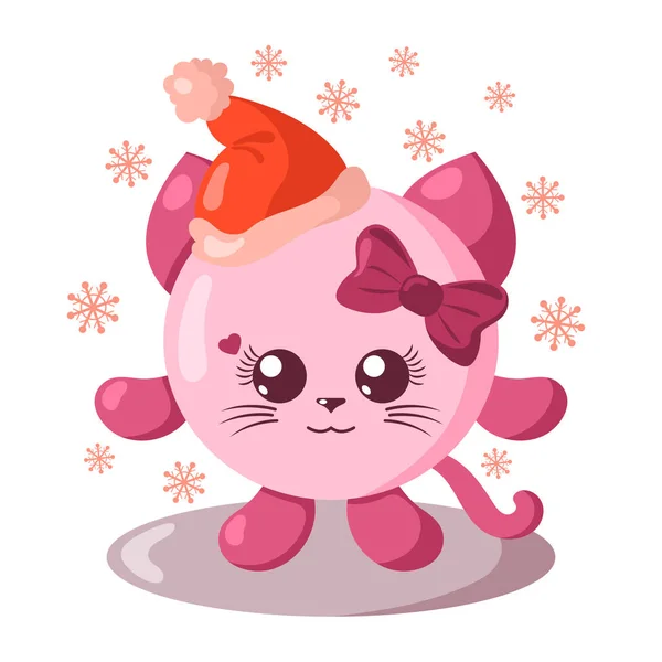 Divertido Lindo Gato Kawaii Chica Con Sombrero Navidad Cuerpo Redondo — Vector de stock