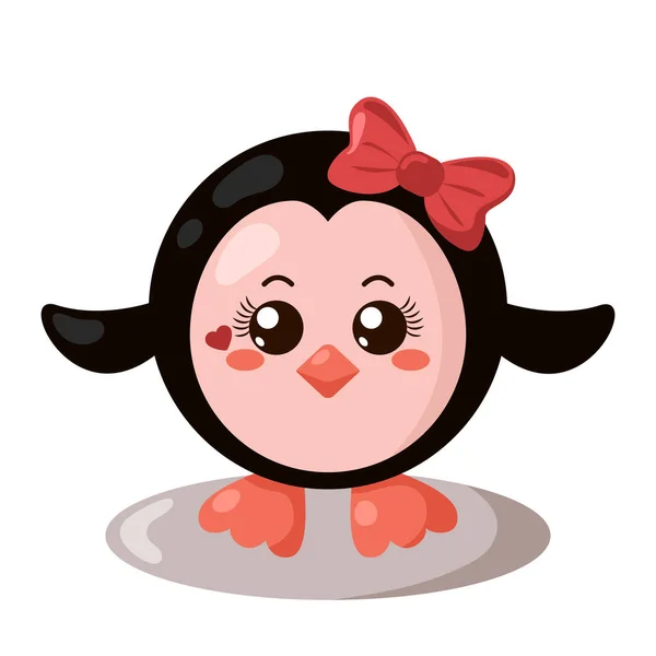 Divertido Lindo Kawaii Pingüino Chica Con Cuerpo Redondo Arco Diseño — Vector de stock