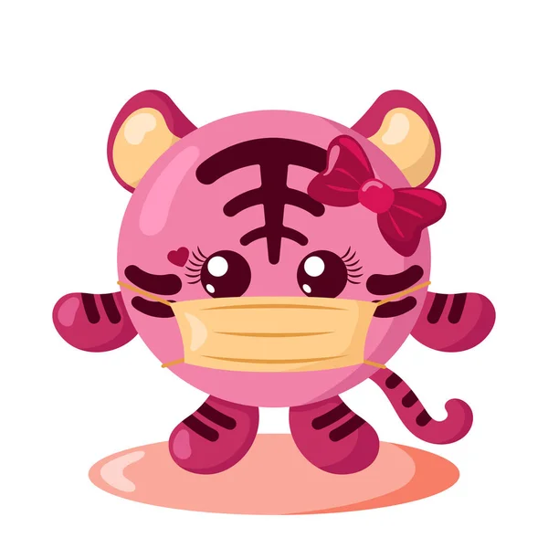 Funny Cute Kawaii Tigre Ragazza Con Corpo Rotondo Maschera Protettiva — Vettoriale Stock