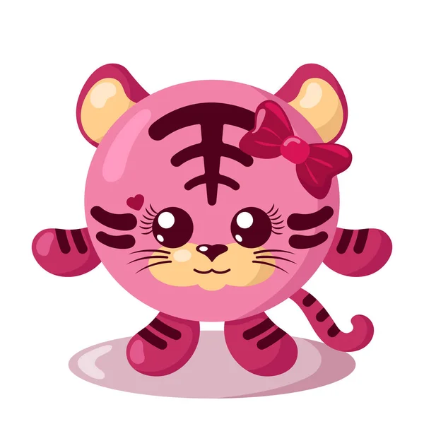 Funny Cute Kawaii Tigre Ragazza Con Corpo Rotondo Fiocco Dei — Vettoriale Stock