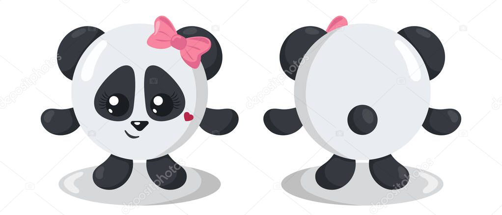 Funny cute kawaii panda with round body in flat design with shadows, front and back. Isolated animal vector illustration