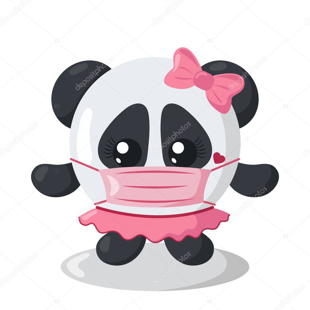 Funny cute kawaii panda girl with round body and protective medical face mask in flat design with shadows. Isolated vector illustration