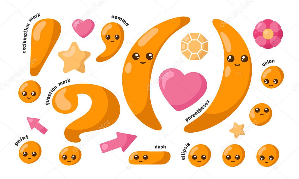 Set of cute smiling orange kawaii punctuation marks. Colored funny cartoon isolated vector illustration in flat design with shadows